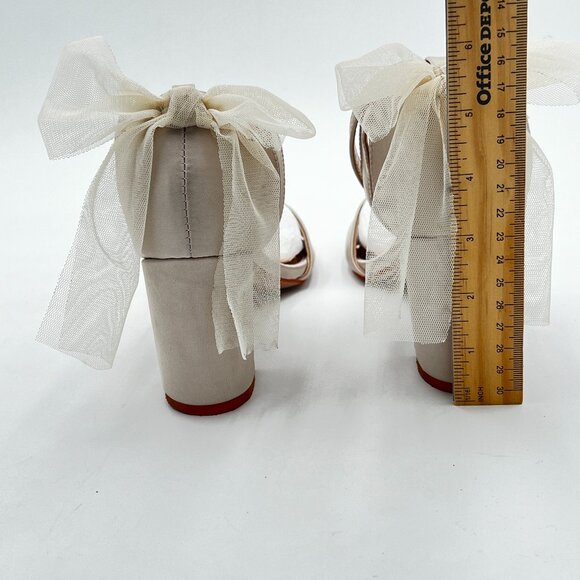 XYD White Satin Open Toe Bridal Wedding Shoes Block High Heel Mesh Bow Sandals - Picture 5 of 6